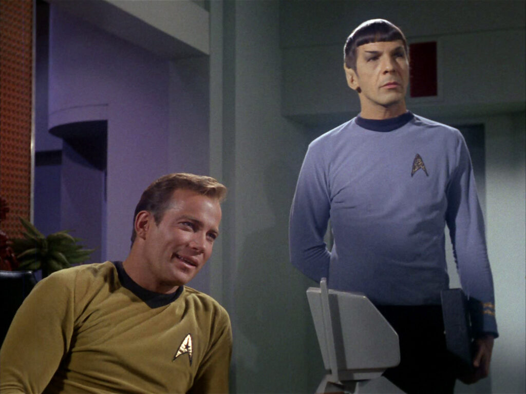 Kirk and Spock hang out in Kirk's quarters.