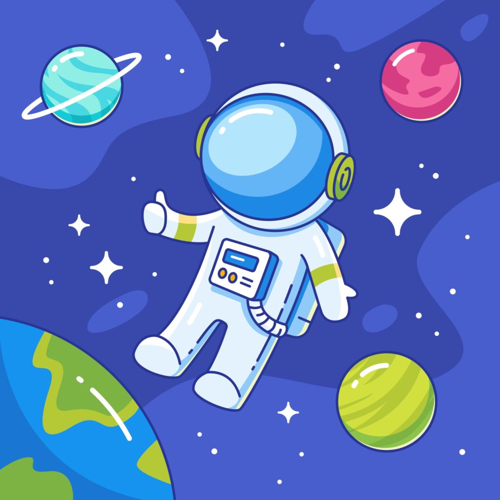 Illustration of someone in a space suit in space. Person is giving a thumbs up.